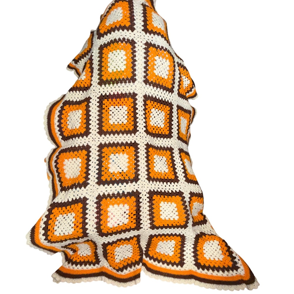 Handmade Harvest 48x40 Retro Granny Square Crochet Afghan Boho 70s Orange